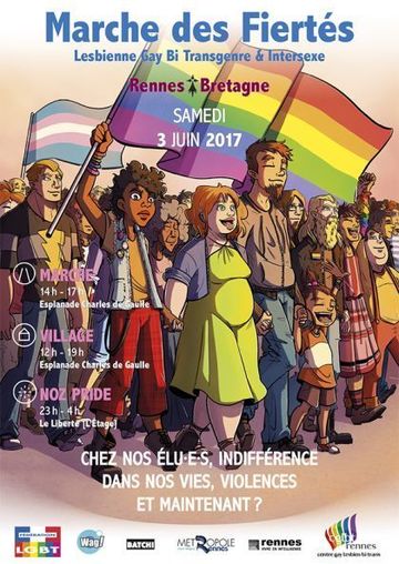 Des personnes très diverses en marche, on peut voir un drapeau arc-en-ciel et un drapeau trans