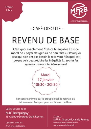 Café discute ! Le revenu de base, qu'est-ce que c'est ? Mardi 17 janvier à 18h30 à la MJC Bréquigny rennes